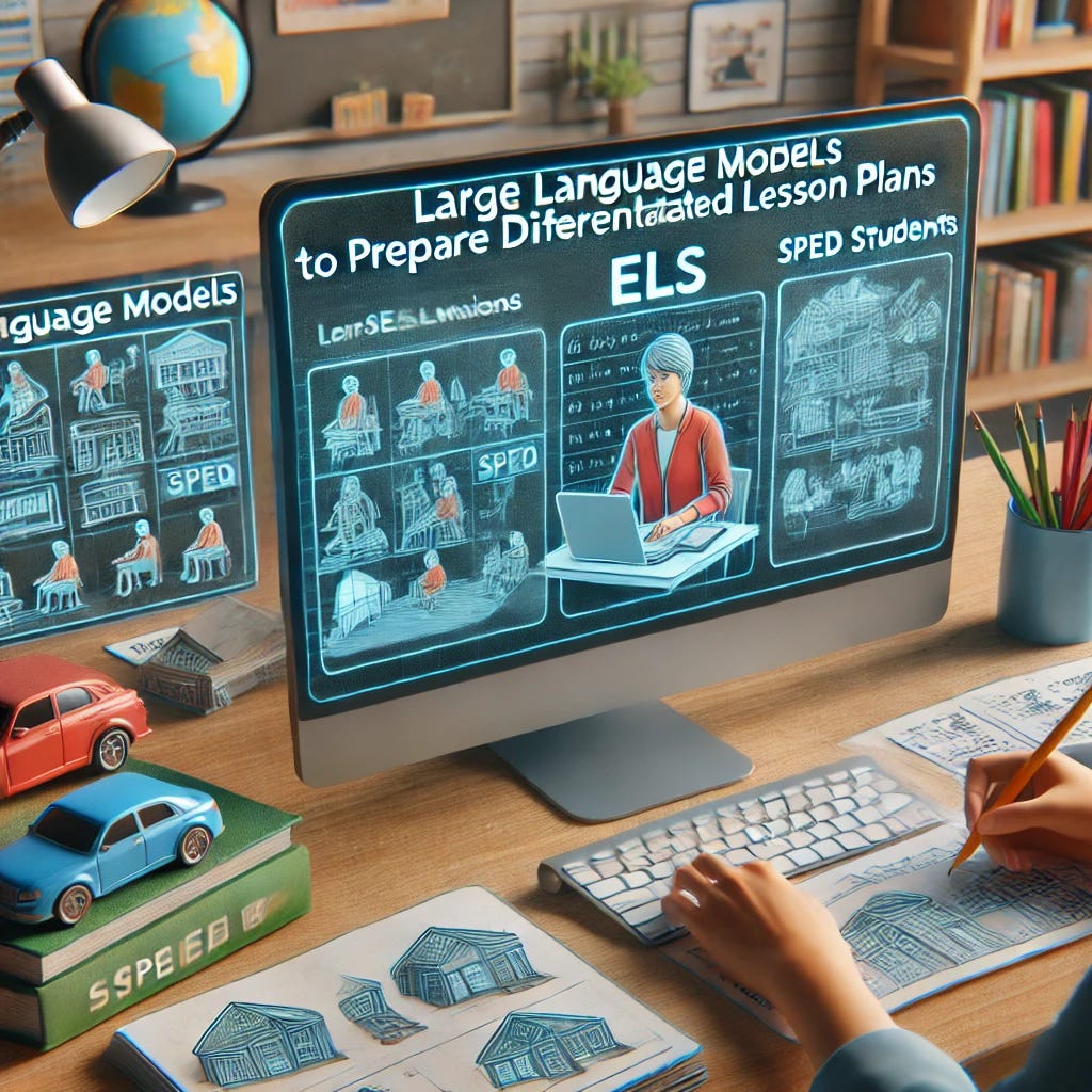 A visualization of a teacher using Large Language Models to prepare differentiated lesson plans. The scene shows a teacher at their desk, with a computer displaying lesson versions for ELs, SPED students, and the general class, surrounded by educational materials.