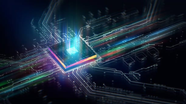 Futuristic central processor unit. Powerful Quantum CPU on PCB motherboard with data transfers. Futuristic central processor unit. Powerful Quantum CPU on PCB motherboard with data transfers. AI stock pictures, royalty-free photos & images