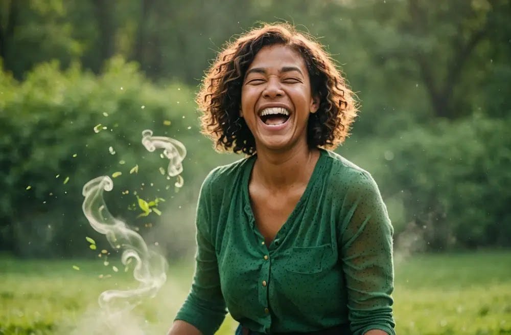 A person laughs while playfully anticipating a fart against a swirling green mist background.