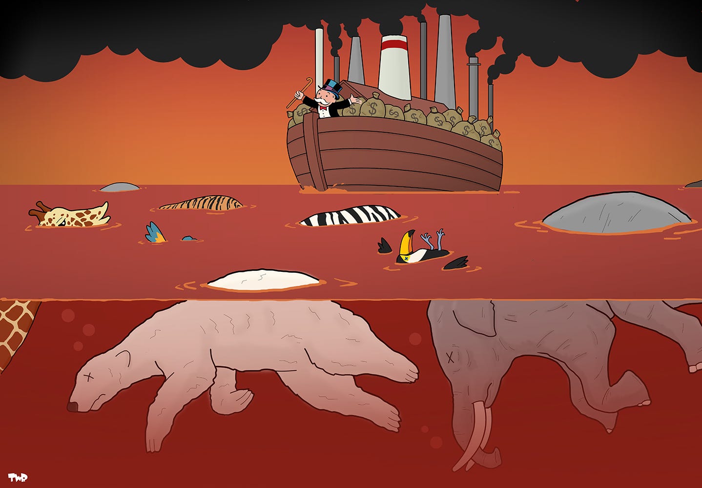 Cartoon showing Noah's ark floating on a red sea. Instead of Noah, we see Mr. Monopoly, and instead of animals, the ark is filled with bags of money. Smoke stacks sprout from the roof of the ark, spewing black smoke into the orange sky. Corpses of various animals, including an elephant, a polar bear, and a giraffe, are floating in the water.