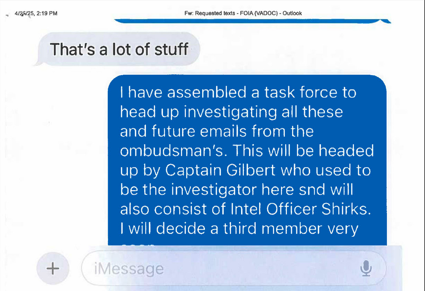 Screenshot of a text exchange where prison officials discuss a "task force" to look into issues being alleged at Red Onion.