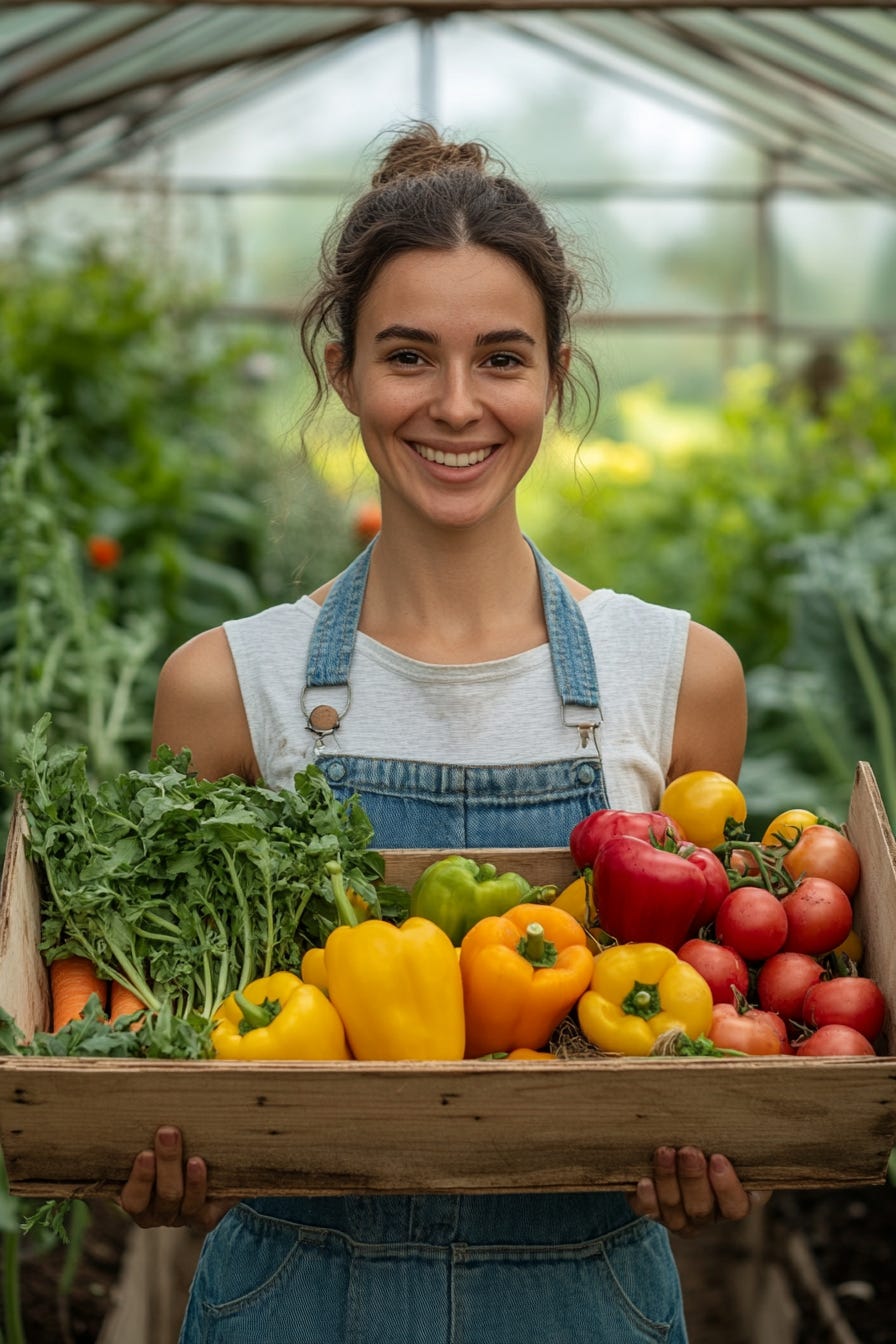 Smiling woman wearing light blue overalls carrying a box of organic vegetables in a bright warm garden or greenhouse.