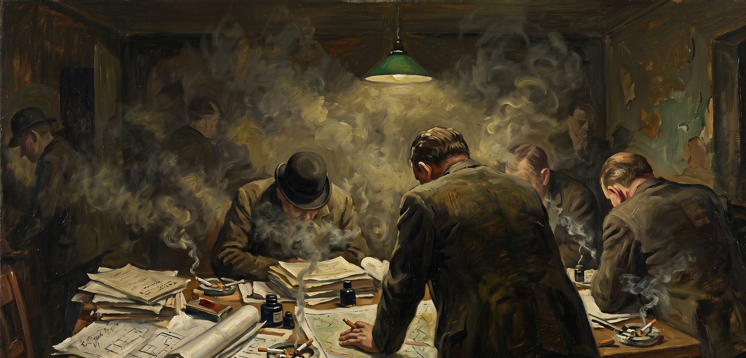 An expressionist oil painting, with a gritty, somber color palette of muddy browns and deep greens, shows the inside of a dimly lit, claustrophobic room. Thick clouds of yellowish-grey cigarette and cigar smoke fill the air, swirling around several men who are hunched intensely over a large, cluttered wooden table in the foreground. Most of the figures are seen from the back or in profile, wearing heavy, rumpled woolen suits and hats (one figure has a prominent bowler hat). Their faces are obscured. The table is piled high with stacks of documents, blueprints, rolled-up maps, ink bottles, and overflowing ashtrays with lit stubs. The primary light source is a single, weak, hanging green-shaded lamp that casts a pale pool of light onto the table, highlighting the clutter and the shoulders of the men. Shadowy, indistinct figures are barely visible through the smoke-hazed background, which features dark, peeling walls. An expressionist oil painting, with a gritty, somber color palette of muddy browns and deep greens, shows the inside of a dimly lit, claustrophobic room. Thick clouds of yellowish-grey cigarette and cigar smoke fill the air, swirling around several men who are hunched intensely over a large, cluttered wooden table in the foreground. Most of the figures are seen from the back or in profile, wearing heavy, rumpled woolen suits and hats (one figure has a prominent bowler hat). Their faces are obscured. The table is piled high with stacks of documents, blueprints, rolled-up maps, ink bottles, and overflowing ashtrays with lit stubs. The primary light source is a single, weak, hanging green-shaded lamp that casts a pale pool of light onto the table, highlighting the clutter and the shoulders of the men. Shadowy, indistinct figures are barely visible through the smoke-hazed background, which features dark, peeling walls.