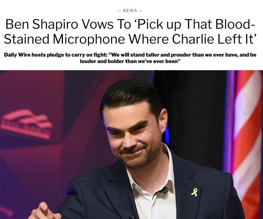 Ben Shapiro stands at a podium, wearing a dark suit and yellow pin. An American flag is visible in the background. Text overlay reads "Ben Shapiro Vows To \'Pick up That Blood-Stained Microphone Where Charlie Left It\'" and "Daily Wire hosts pledge to carry on fight \'We will stand taller and prouder than we ever have, and be louder and bolder than we ever been\'?"