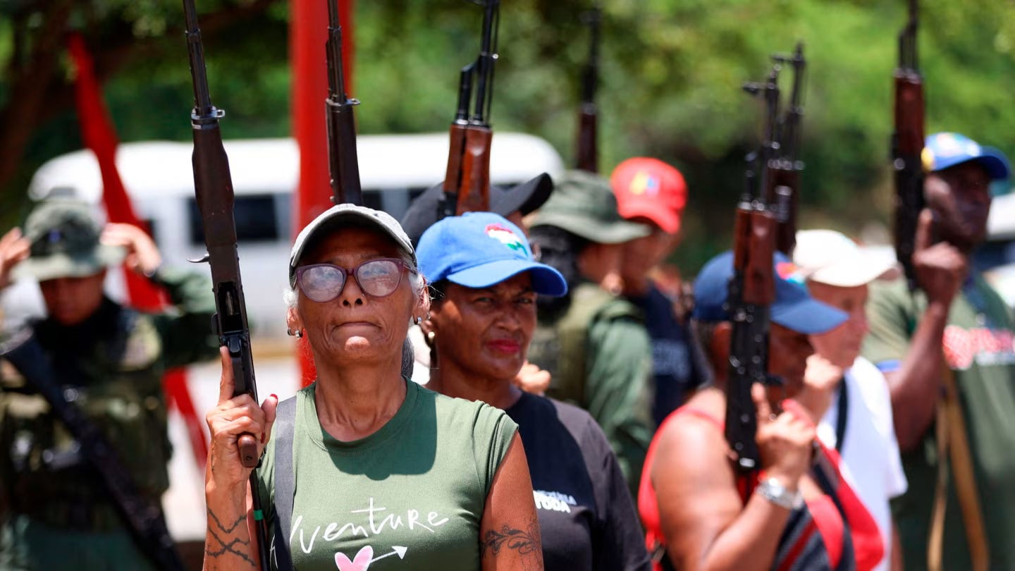 Members of Venezuela’s community and civil councils hold rifles during a military training session in Caracas (Credits: Pedro Mattey/AFP/Getty Images/FT)