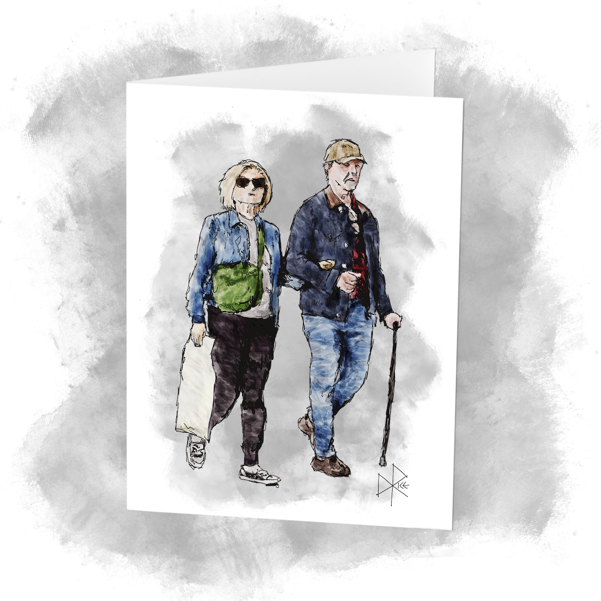 An older couple, out shopping. They are dressed casually in jean jackets and pants. They have hooked their free arms together. Sketch art by Don Rice.