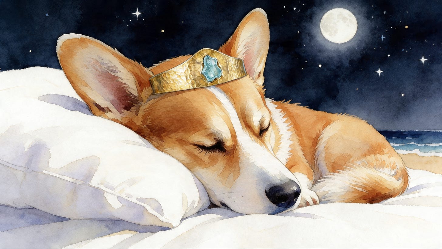 Prince Freddie settles to sleep on the Spanish coast at the close of a cozy bedtime sleep story.