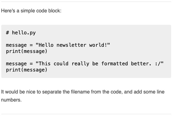 Excerpt of an email, where the title of the codeblock is indicated by a comment inside the code block. Excerpt of an email, where the title of the codeblock is indicated by a comment inside the code block.