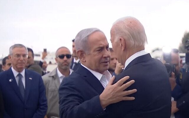 Prime Minister Benjamin Netanyahu and US President Joe Biden hugging at Ben Gurion airport on October 18, 2023. (screen capture) Prime Minister Benjamin Netanyahu and US President Joe Biden hugging at Ben Gurion airport on October 18, 2023. (screen capture)