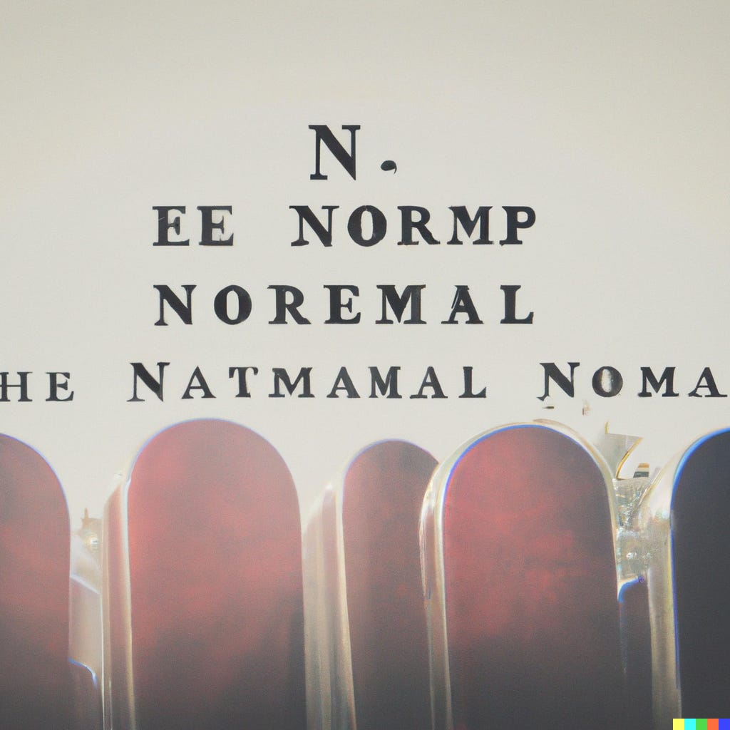 nonsense letters and words on an image that looks like rows of metallic black headstones under a flat beige sky