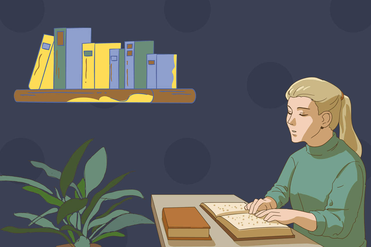 A young woman sits reading a book with Braille