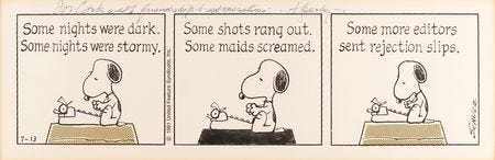 Charles Schulz Signed Original Hand-Drawn Peanuts Daily Comic Strip, Featuring Snoopy as a 'World Famous Author' Charles Schulz Signed Original Hand-Drawn Peanuts Daily Comic Strip, Featuring Snoopy as a 'World Famous Author'