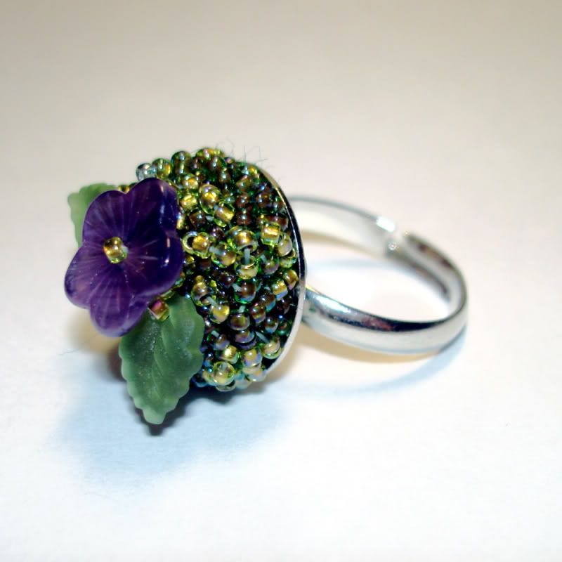 tiny beaded flower garden adjustable ring bead embroidery artist purple green tiny beaded flower garden adjustable ring bead embroidery artist purple green