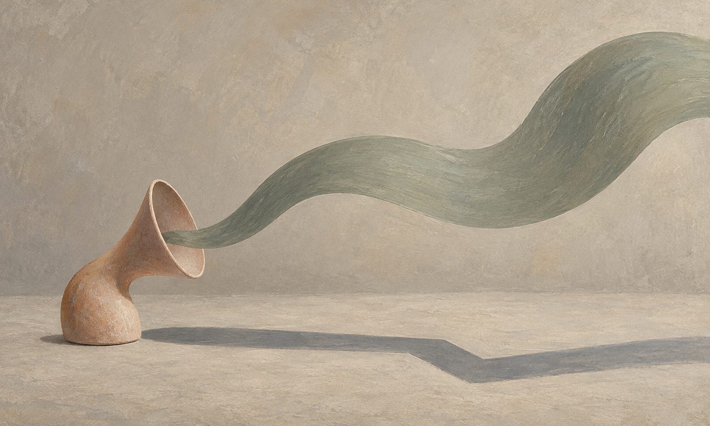 A ceramic speaking horn releases a soft ribbon of sound, while its shadow bends out of alignment. A ceramic speaking horn releases a soft ribbon of sound, while its shadow bends out of alignment.