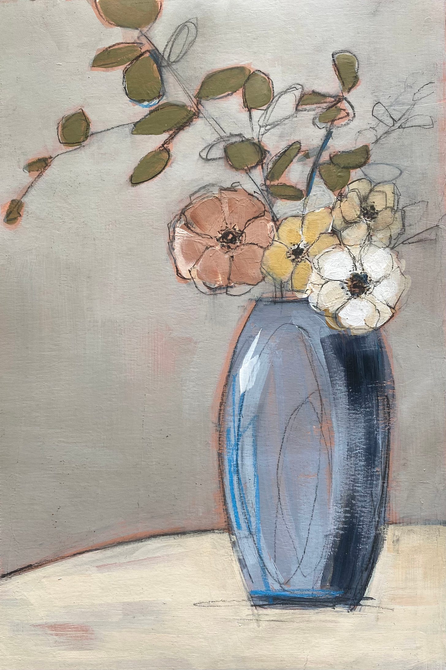 Watercolor still life of vase with flowers by artist Stephanie Fielden