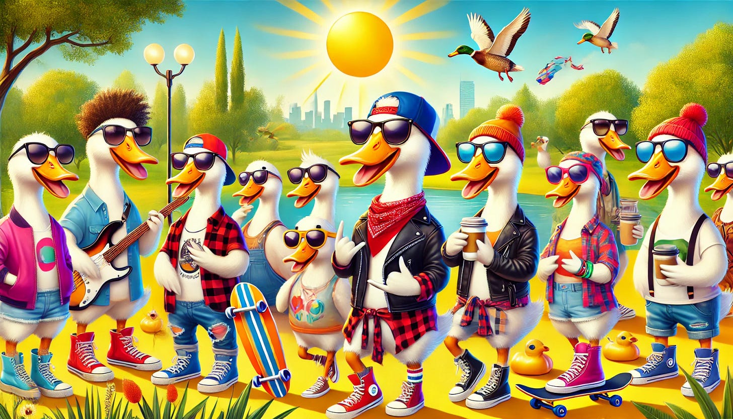 A vibrant and fun landscape image of a group of ducks looking incredibly cool and stylish. Each duck is dressed in fashionable, modern clothes such as leather jackets, sunglasses, sneakers, and scarves. They are doing awesome activities like skateboarding, playing a guitar, taking selfies, and sipping coffee. The background is a sunny park with a pond and trees, with an urban skyline visible in the distance, giving it a dynamic, cheerful vibe.