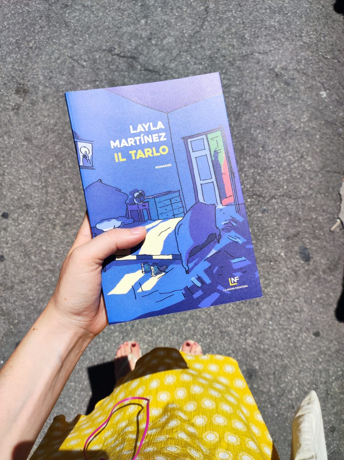 Una mano tiene un libro dalla copertina blu. La persona che lo tiene è in strada, si intravede una parte di corpo con un vestito giallo e l'asfalto sullo sfondo