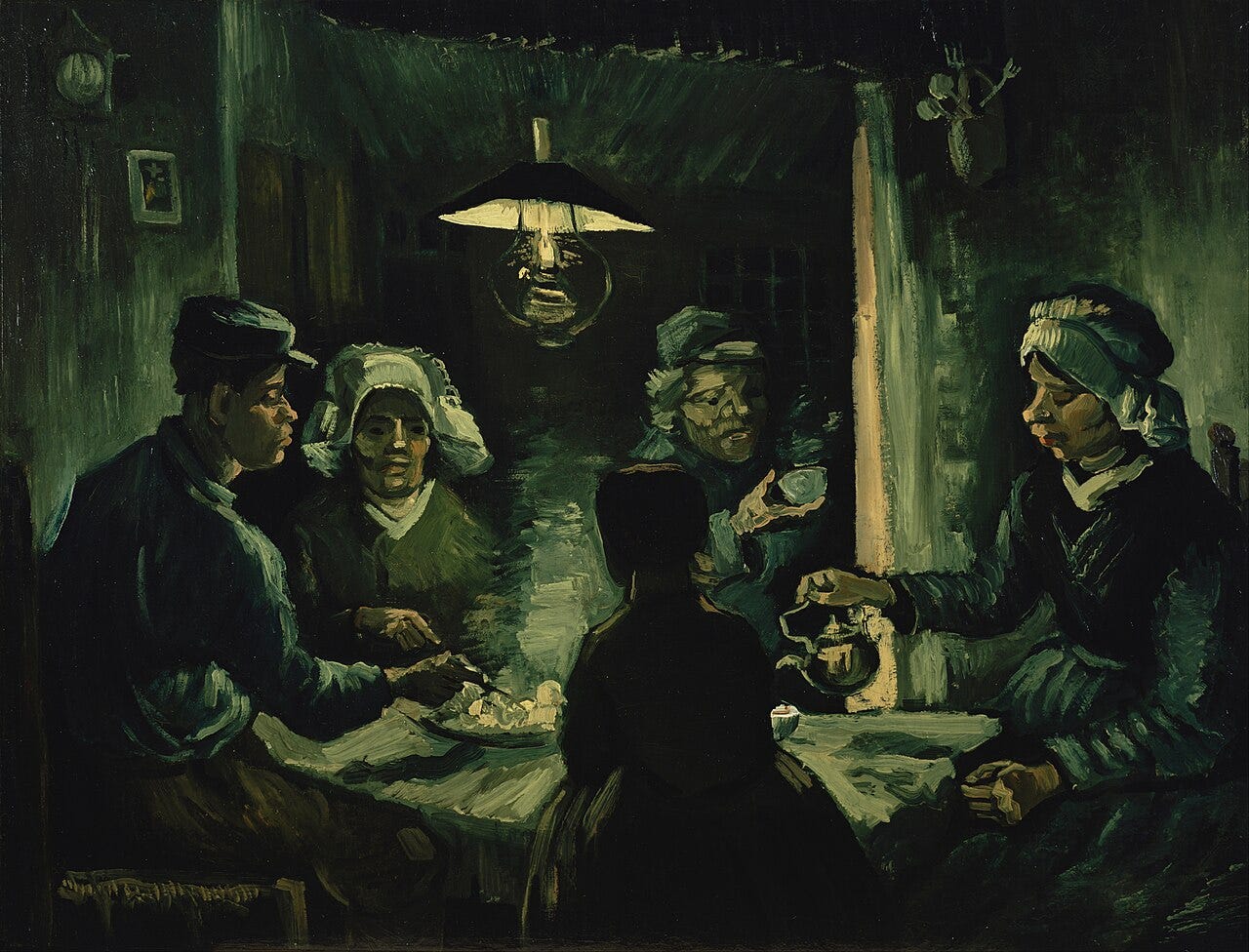 Five peasants sharing potatoes in a dim cottage Five peasants sharing potatoes in a dim cottage