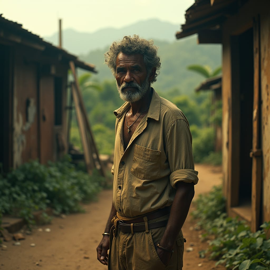 Remainderman, a lone figure, clad in worn, earth-toned clothing, standing at the edge of a lush Jamaican landscape, gazing out at the viewer with a mix of contemplation and resolve, cinematic lighting casting a warm, golden glow on his weathered features, surrounded by the remnants of a bygone era, old wooden buildings, rusty gates, and overgrown vegetation