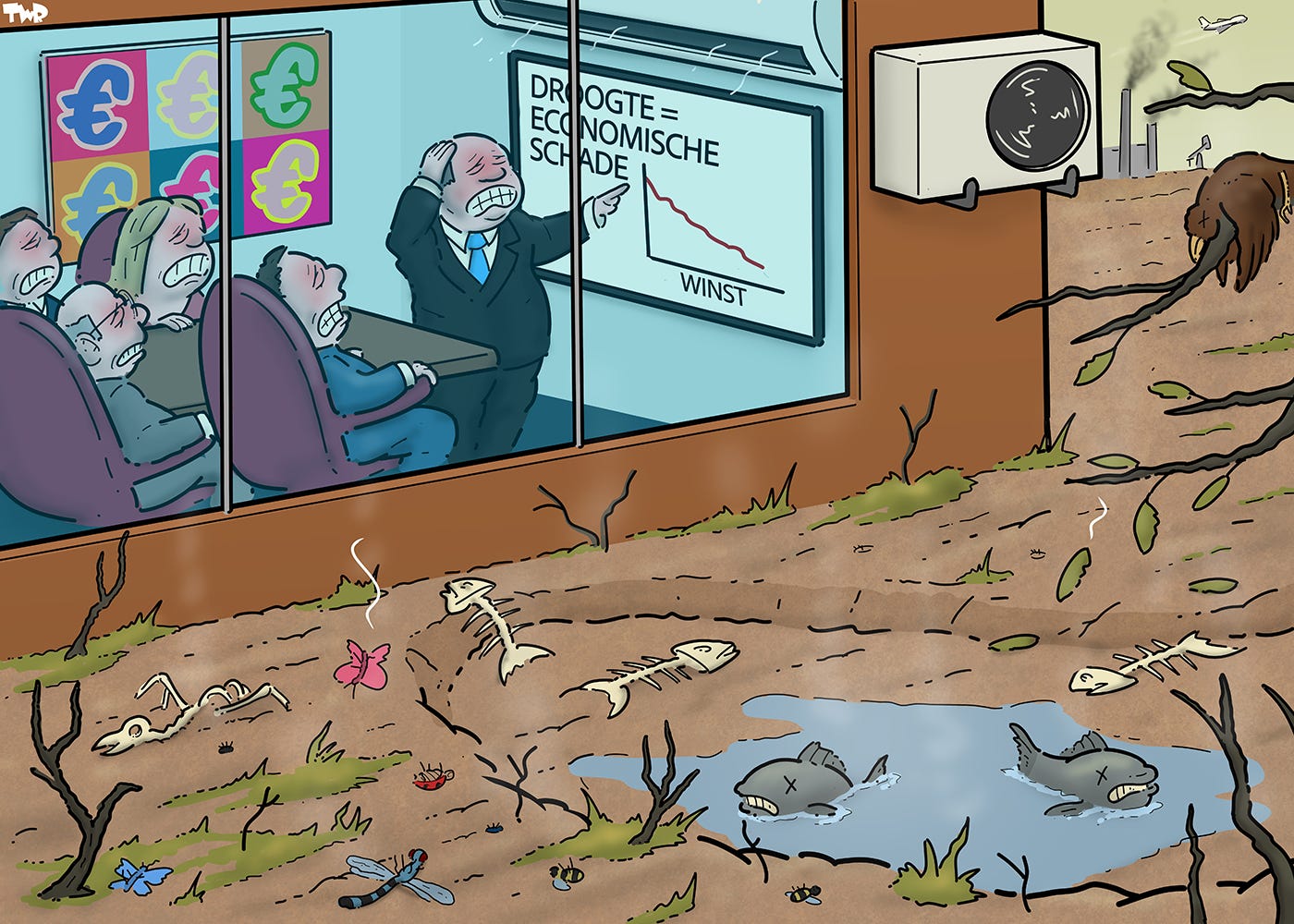 Cartoon waarop een stomend, apocalyptisch landschap te zien is, bijna volledig verdroogd en met dode skeletten van dode vogels, vissen en insecten. In een overgebleven plasje water zijn twee vissen op stervan na dood. Door het raam van een gebouw zien we een vergaderruimte waar mensen in pak vol consternatie kijken naar presentatie die laat zien dat de droogte tot economische schade leidt, en de winst daardoor minder wordt.