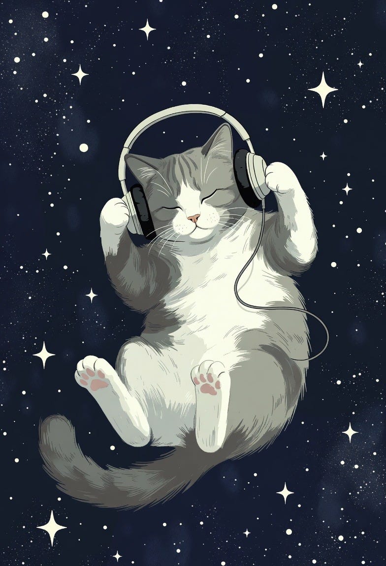 A cat floats in space with headphones, surrounded by stars in a serene, lofi digital illustration. A cat floats in space with headphones, surrounded by stars in a serene, lofi digital illustration.