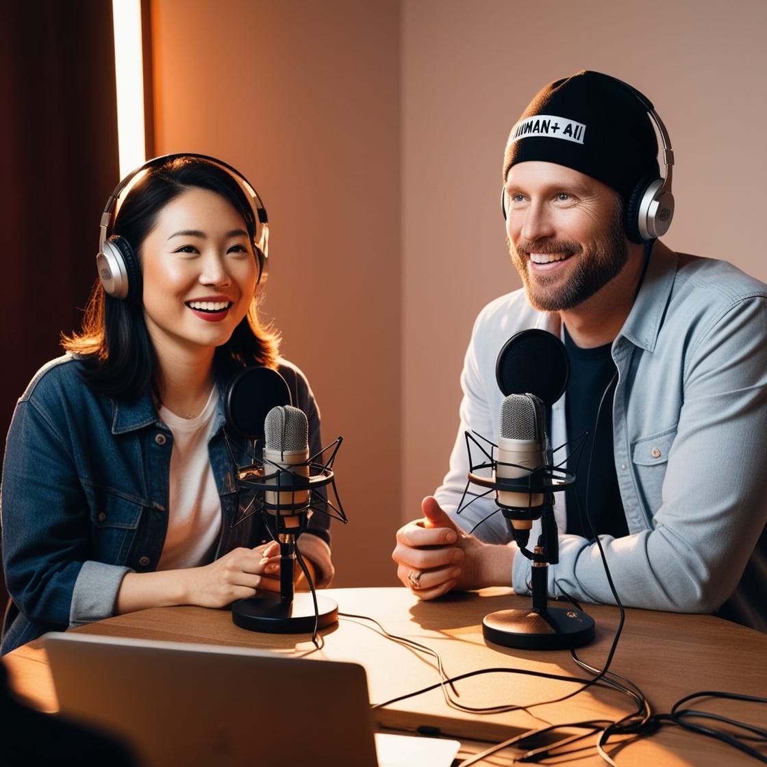 Image of male and female podcasters, one with a cool Human+AI hat!