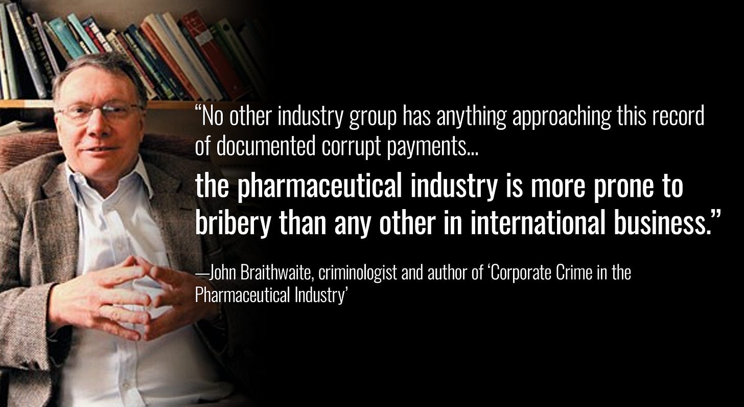 Quote from criminologist John Braithwaite noting that no other industry rivals pharma’s record of documented corrupt payments, concluding it is the most bribery-prone sector in international business.