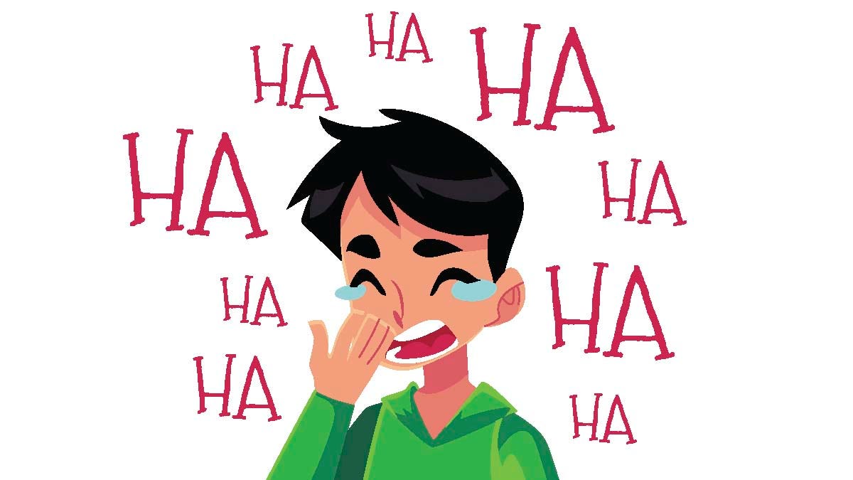 Graphic of someone laughing with ha ha surrounding them