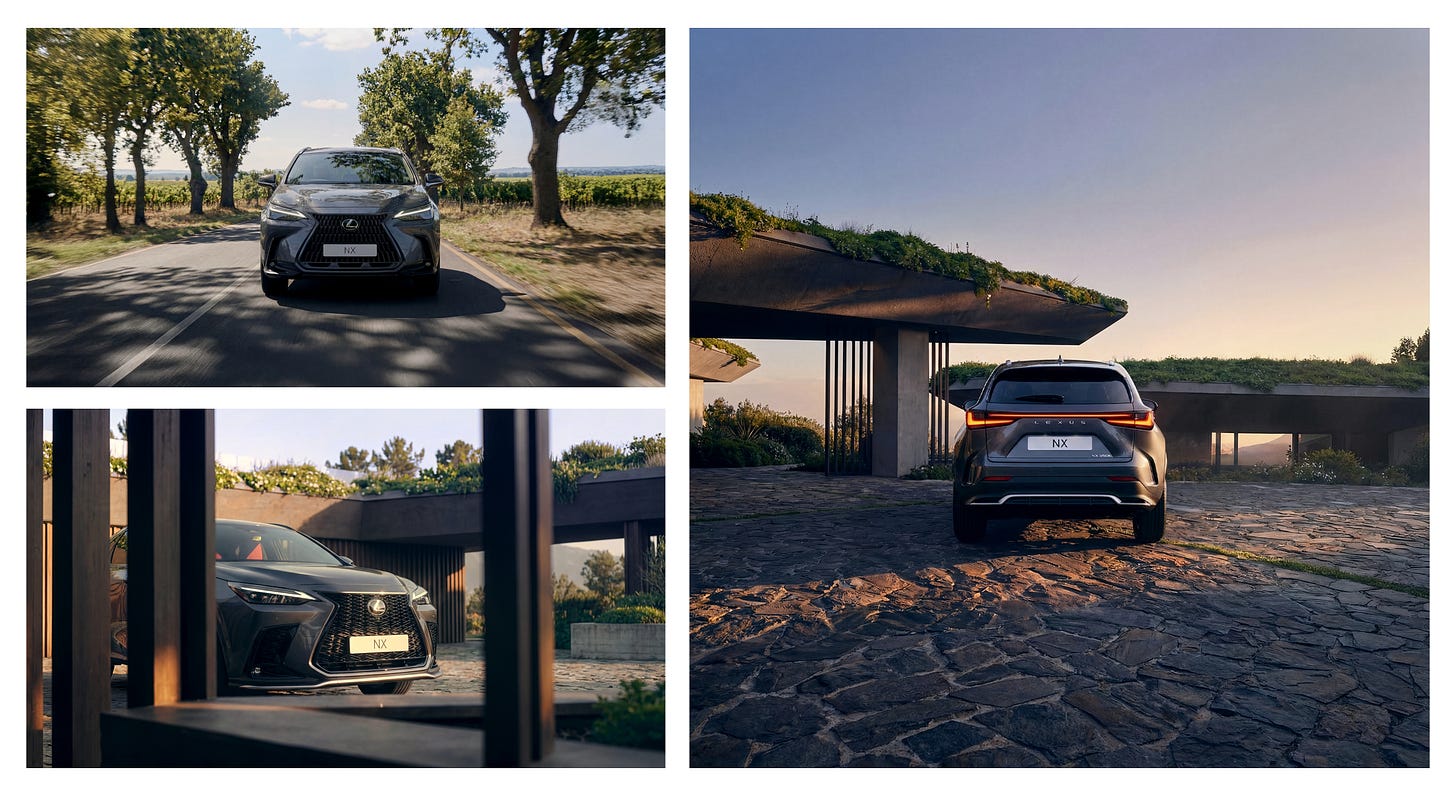 A three-image grid showing AI-generated Lexus NX visuals: the car driving on a rural tree-lined road, viewed through columns outside a modern home, and parked on a stone driveway beneath a green-roofed building at sunset. A three-image grid showing AI-generated Lexus NX visuals: the car driving on a rural tree-lined road, viewed through columns outside a modern home, and parked on a stone driveway beneath a green-roofed building at sunset.