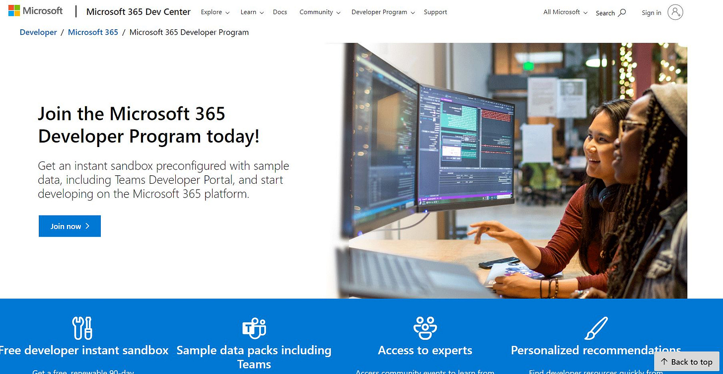 microsoft 365 developer program sign up page