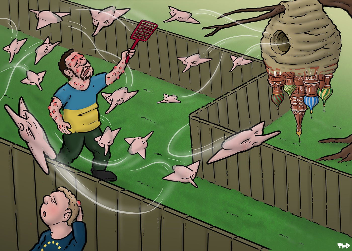 Cartoon showing three gardens divided by fences. In one garden, we see a beehive shaped like the Kremlin. Drones shaped like the head of Putin fly out and swarm around Zelensky, who is in the next garden covered in red lumps and trying to fight off the drones with a fly swatter. In the third garden is a person with an EU shirt holding a hand to a single red lump on the back of his head while a drone flies away.