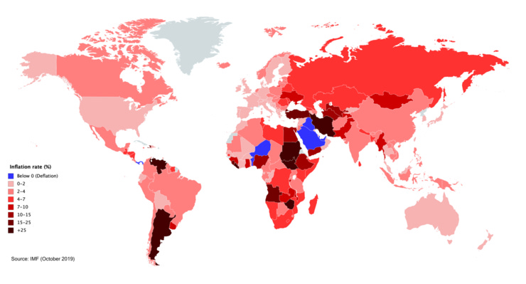 Mapa de calor da inflação ao redor do mundo.