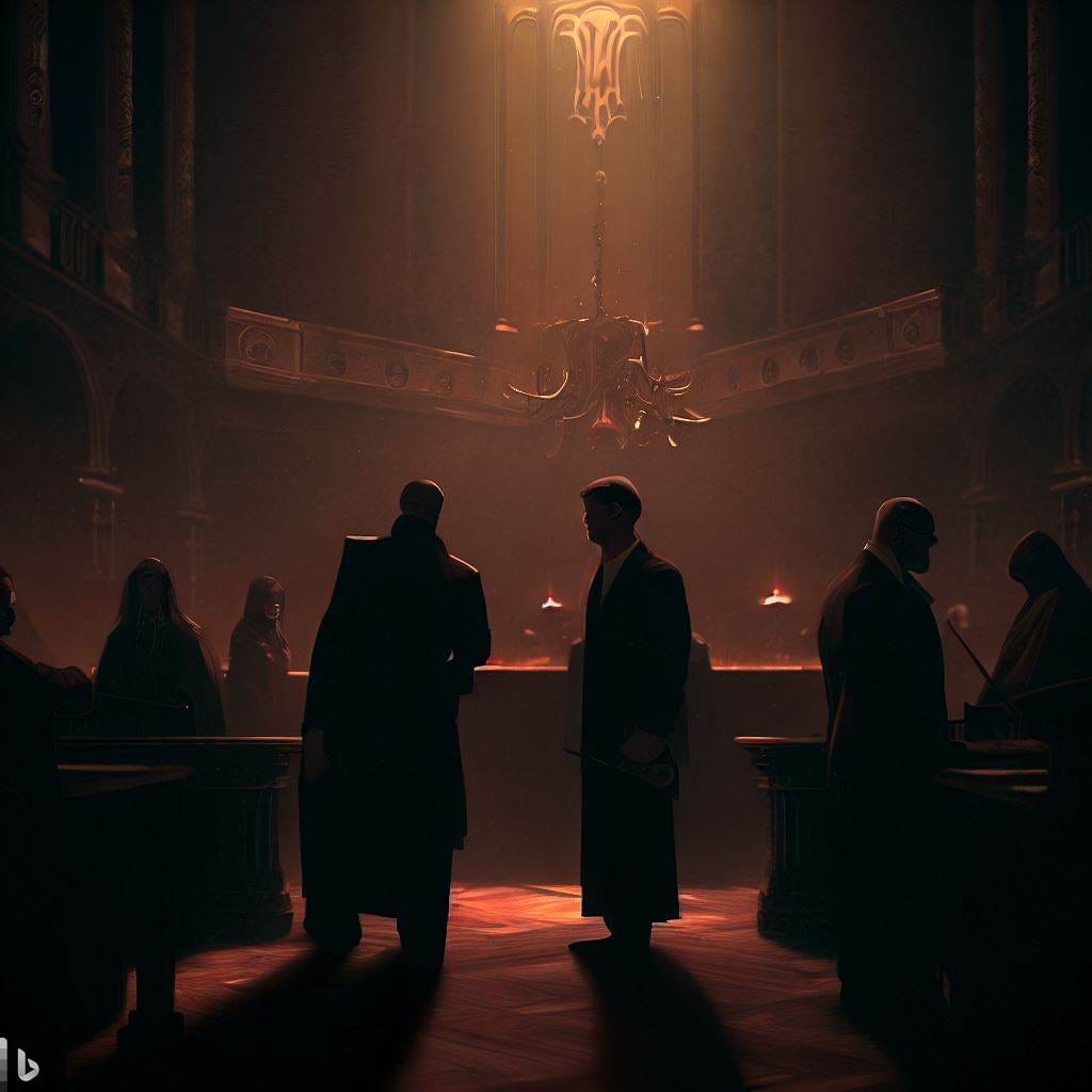 An organization lobbying in the court, dark, epic, cinematic, digital art