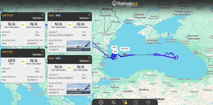 Screenshots from flight tracking software display maps of the Black Sea region with aircraft icons and paths marked in blue lines originating from France through Europe to the sea area near Ukraine and Russia. Details include registrations such as FAF01 and RAF01 for French military jets, timestamps around 2025-11-12, altitudes like 37000 feet, and labels for Airbus A330 tankers and Rafale fighters. Surrounding countries like Poland, Romania, and Turkey are outlined on the map with no other visible elements.