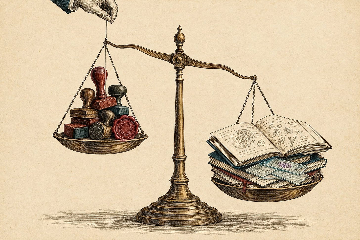 A balance scale with rubber stamps held up by a string from above, outweighed by laboratory notebooks. A balance scale with rubber stamps held up by a string from above, outweighed by laboratory notebooks.