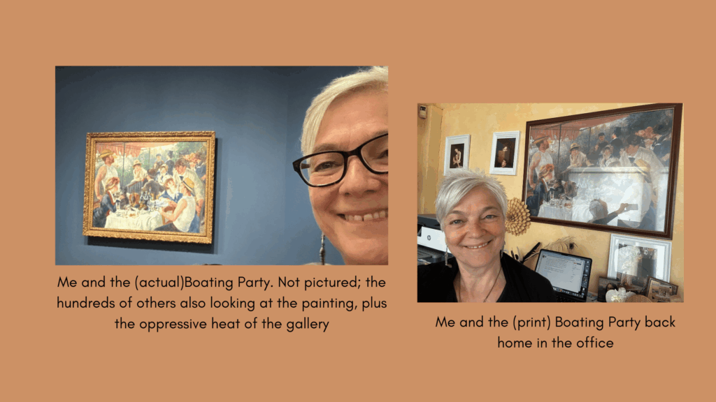 Image of author with actual painting of Renoir's The Boating Party behind her; and an image of her back home in her office with the framed print of the Boating Party Image of author with actual painting of Renoir's The Boating Party behind her; and an image of her back home in her office with the framed print of the Boating Party