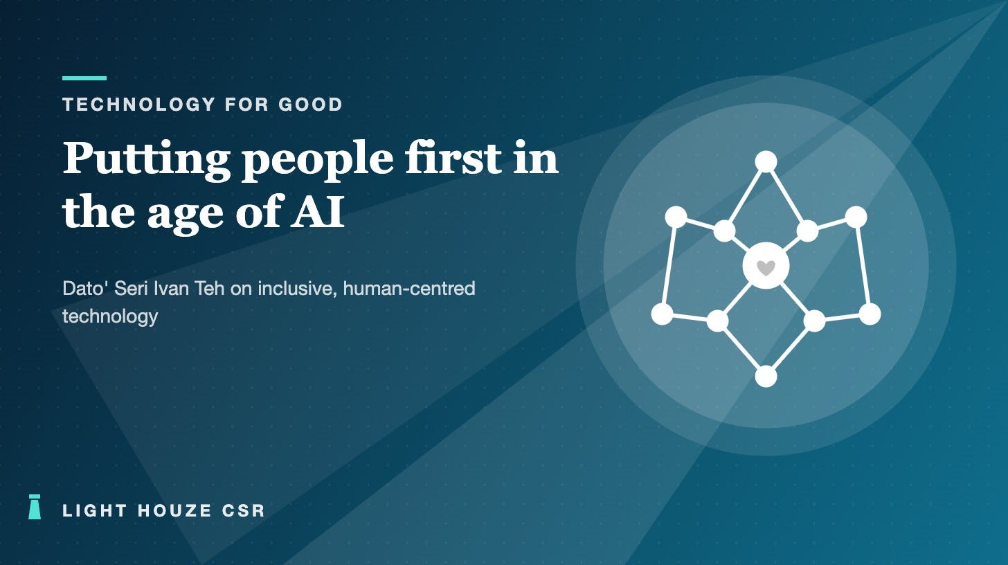 Illustration of a connected network of nodes with a heart at its centre on a dark teal background, with the headline Putting people first in the age of AI, for a Light Houze CSR story on inclusive technology