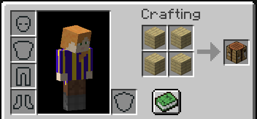 4 birch planks placed in all 4 squares of 2×2 crafting grid produces a crafting table 4 birch planks placed in all 4 squares of 2×2 crafting grid produces a crafting table