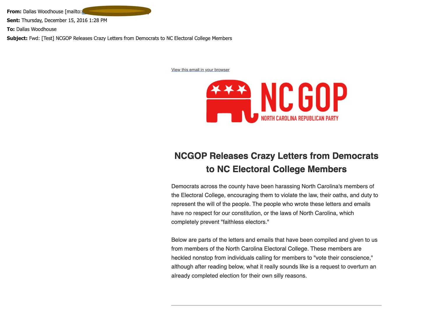 North Carolina GOP email doxxing senders of letters to electoral college
