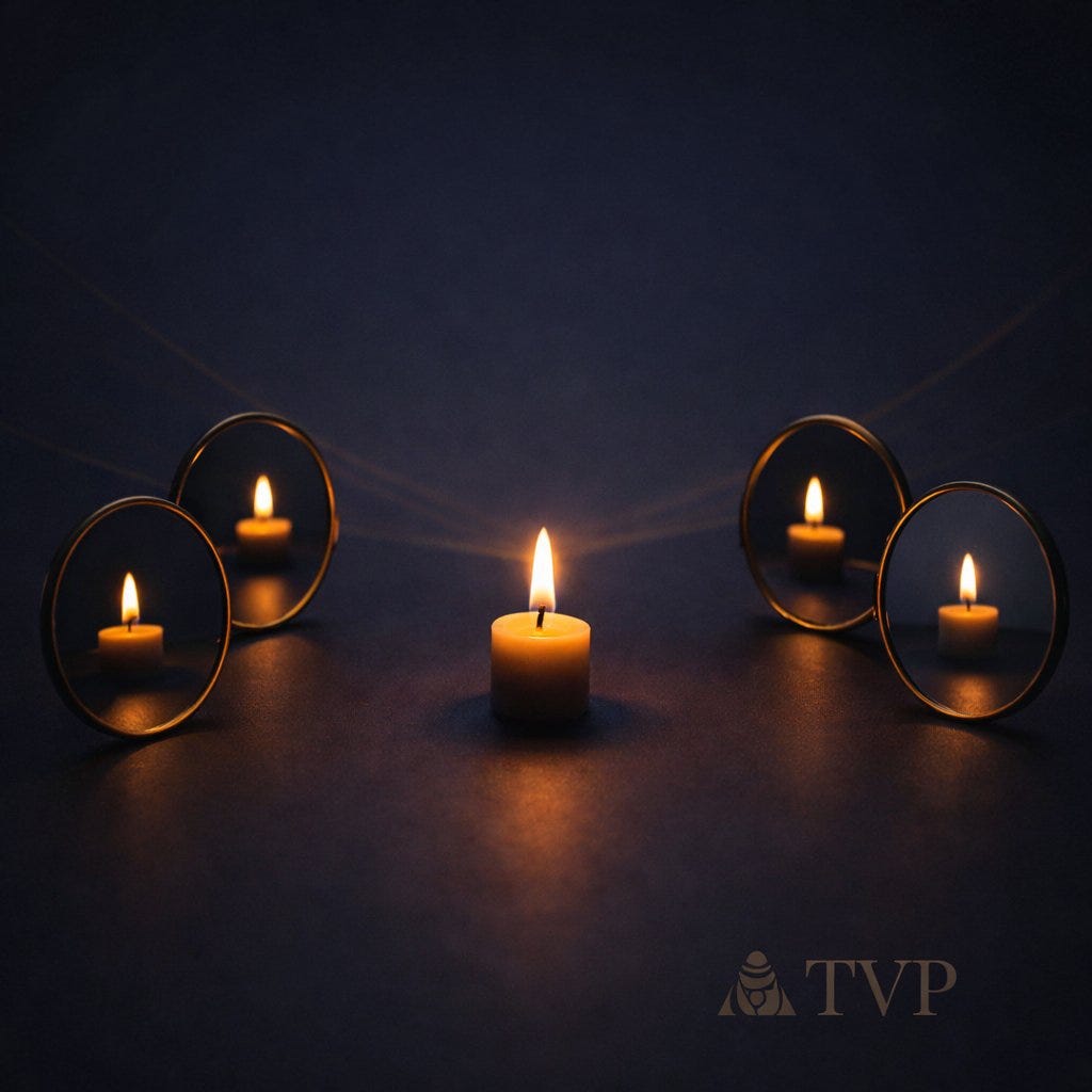 The Visible Practitioner GEO case study February 2026. Four mirrors reflecting a single flame representing four different platforms recommending content without advertising.