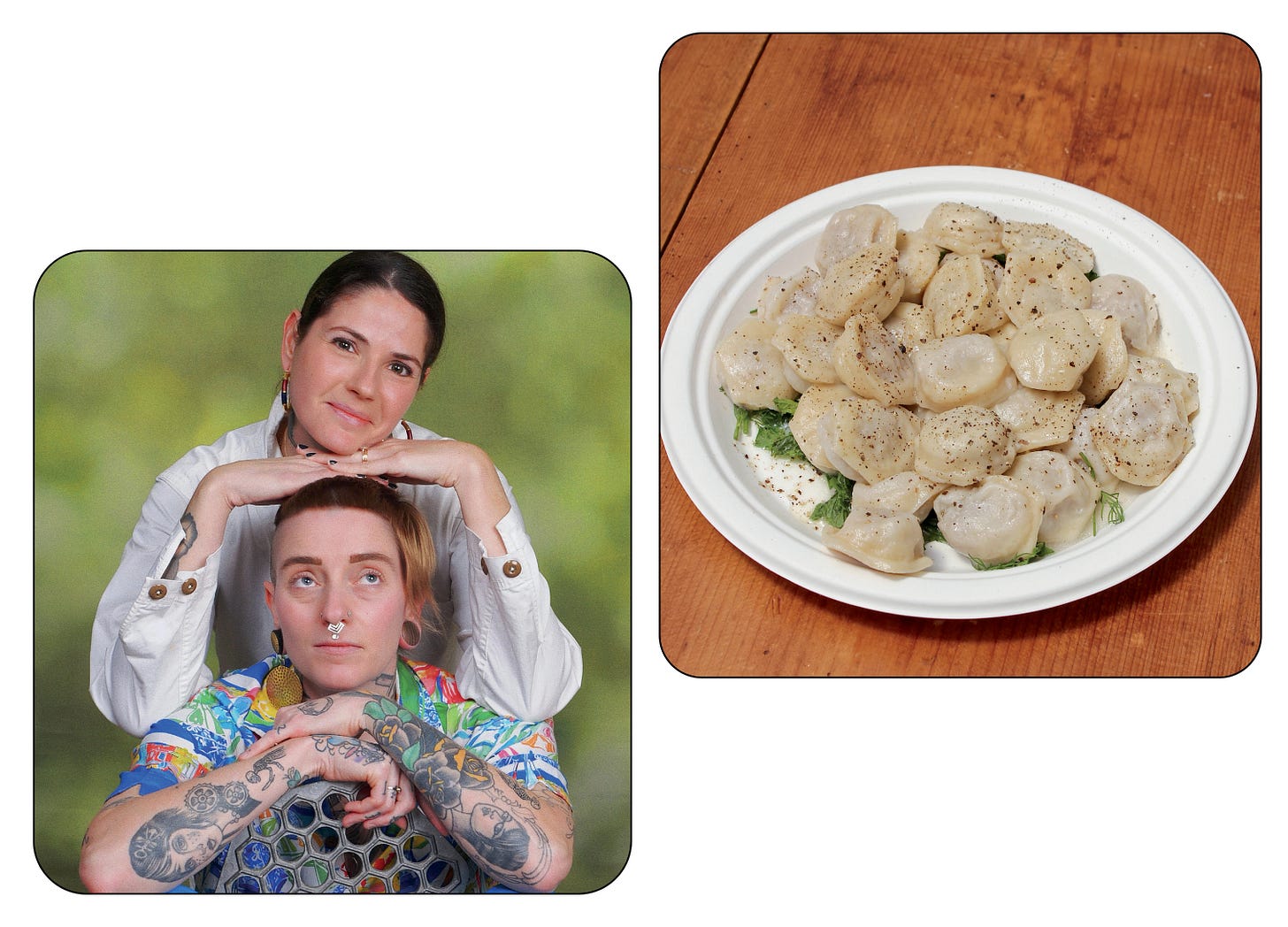 Images of Jessica & Trina Quinn in a posed photo and pelmeni on a paper plate on a table Images of Jessica & Trina Quinn in a posed photo and pelmeni on a paper plate on a table