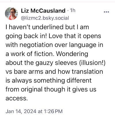 I haven’t underlined but I am going back in! Love that it opens with negotiation over language in a work of fiction. Wondering about the gauzy sleeves (illusion!) vs bare arms and how translation is always something different from original though it gives us access.