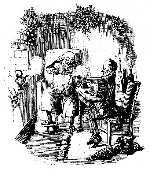 Scrooge and Bob Cratchit celebrate Christmas drinking Smoking Bishop in an illustration from the original edition of A Christmas Carol, 1843. Scrooge and Bob Cratchit celebrate Christmas drinking Smoking Bishop in an illustration from the original edition of A Christmas Carol, 1843.