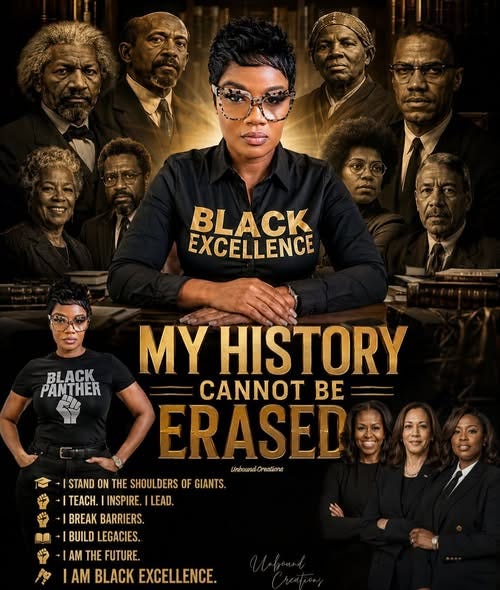 May be a graphic of text that says 'BLACK EXCELLENCE BLACK PANTHER 聞 MY HISTORY CANNOT BE ERASED Inbewand Creatione So ISTAND STANDONTHE.SHOULDERSOFGIANTS ON THE SHOULDERS OF GIANTS. EACH. |INSPIRE. |LEAD. |BREAKBARRIERS. BREAK BARRIERS. IBUILDLEGACIES. BUILD LEGACIES. IAM THE FUTURE. AM BLACK EXCELLENCE.'
