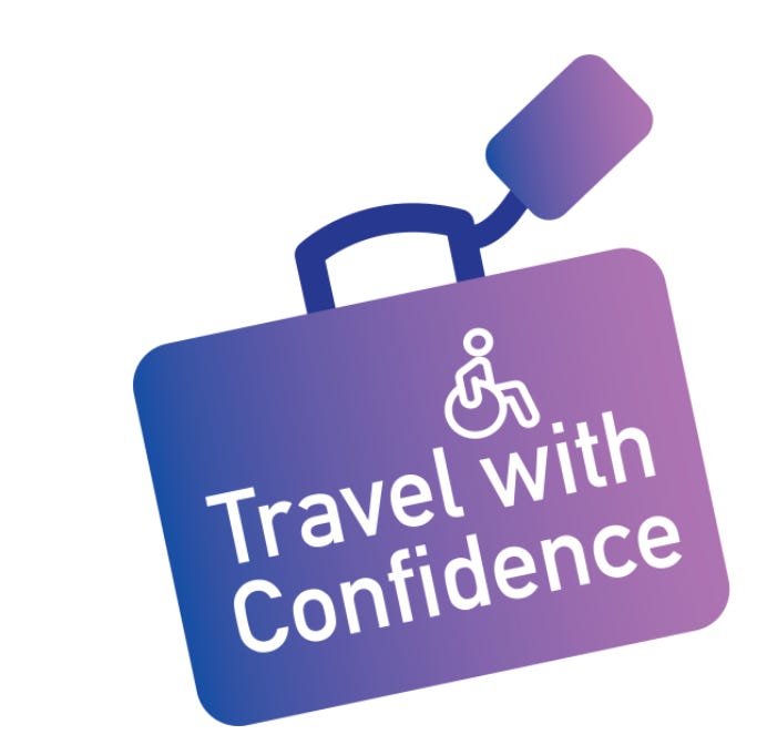 A suitcase with a wheelchair user symbol and the text Travel with confidence A suitcase with a wheelchair user symbol and the text Travel with confidence