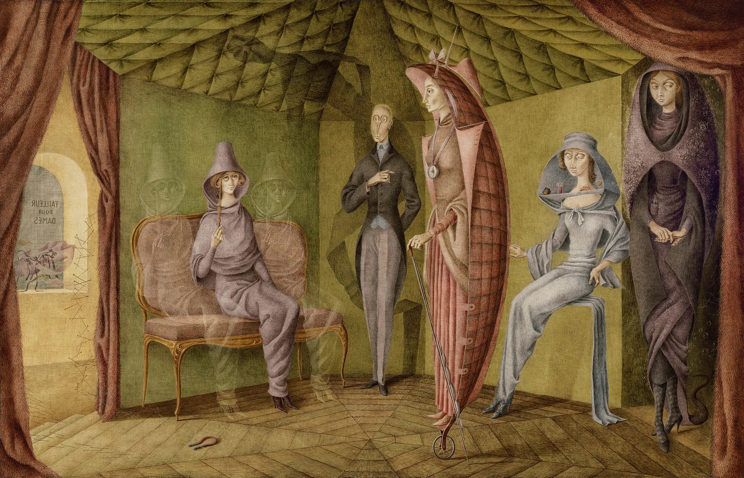 This is the showroom of a ladies’ dressmaker. One design is for travel, very practical, shaped like a boat in back; when arriving at a stretch of water it plops down backwards; behind the head is a rudder, steered by pulling on the ribbons that drop to the chest and from which a compass hangs. All of it serves as an ornament, too, on dry land it rolls along and the lapels act as little sails, as does the walking stick, inside which. there’s a rolled-up sail that unfurls. The seated design is for going to those cocktail parties where not even a straight pin can fit and one doesn’t know where to put one’s glass, much less sit down; the shawl is woven from a miraculous substance that hardens at will and serves as a seat. The design on the right is for widows. It’s made of an effervescent fabric, like champagne; it has a little pocket for carrying a vial of poison. It ends in a very flattering reptilian tail. The tailor has a face drawn in the form of scissors; his shadow is so rebellious that it has to be fastened to the ceiling with a pin. The customer who is considering the design unfurls into two people, yet she she doesn’t know which of the three designs to choose, and her replicas, to either side and somewhat transparent, represent the state of doubt in which she finds herself. This is the showroom of a ladies’ dressmaker. One design is for travel, very practical, shaped like a boat in back; when arriving at a stretch of water it plops down backwards; behind the head is a rudder, steered by pulling on the ribbons that drop to the chest and from which a compass hangs. All of it serves as an ornament, too, on dry land it rolls along and the lapels act as little sails, as does the walking stick, inside which. there’s a rolled-up sail that unfurls. The seated design is for going to those cocktail parties where not even a straight pin can fit and one doesn’t know where to put one’s glass, much less sit down; the shawl is woven from a miraculous substance that hardens at will and serves as a seat. The design on the right is for widows. It’s made of an effervescent fabric, like champagne; it has a little pocket for carrying a vial of poison. It ends in a very flattering reptilian tail. The tailor has a face drawn in the form of scissors; his shadow is so rebellious that it has to be fastened to the ceiling with a pin. The customer who is considering the design unfurls into two people, yet she she doesn’t know which of the three designs to choose, and her replicas, to either side and somewhat transparent, represent the state of doubt in which she finds herself.