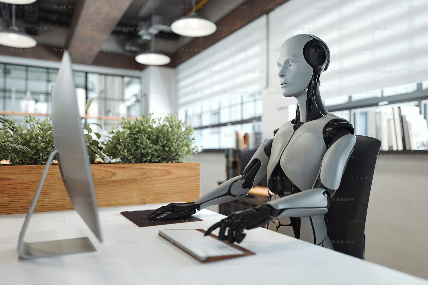 A futuristic humanoid robot uses a computer in a contemporary office. A futuristic humanoid robot uses a computer in a contemporary office.