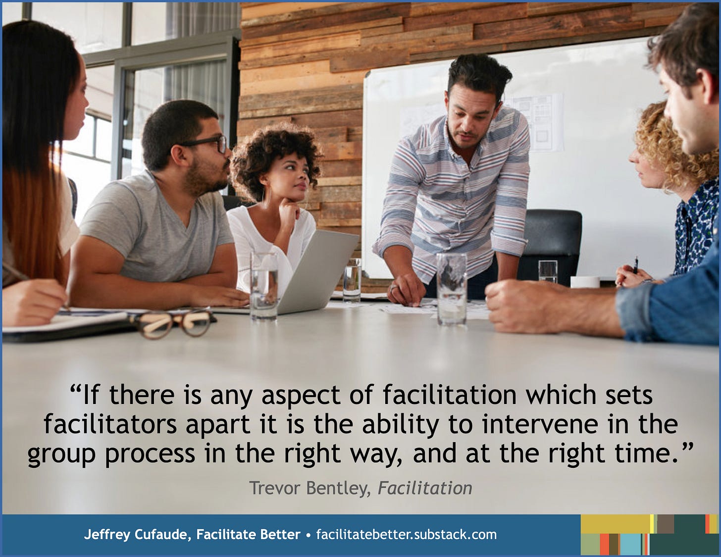 Picture of five diverse young professions sitting around a conference table and watching/listening to a young man who is drawing on a sheet of paper in front of him.  Laptops, water glasses, and meeting materials are on the table.  Below the image is this quote: “If there is any aspect of facilitation which sets facilitators apart it is the ability to intervene in the group process in the right way, and at the right time” (from Facilitation by Trevor Bentley).