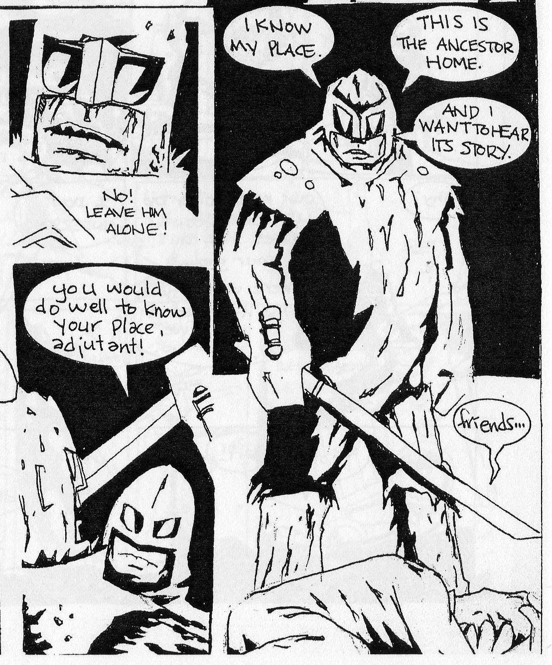 An Ice Warrior and his lord stand over a Martian historian from Crydonia