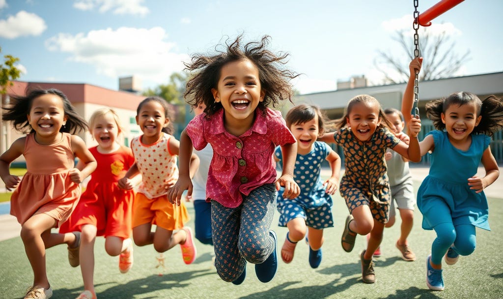A vibrant photo of diverse children laughing and playing freely on a school playground during recess—running, swinging, or climbing under a bright sky. This symbolizes the "tipping back" toward humanity, play, and resilience that your post calls for.